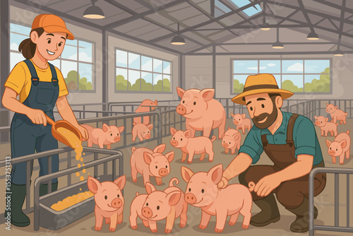Cartoon Modern Pig Farm Interior with Farmers Feeding and Caring for Healthy Pink Piglets. Agriculture, Livestock, Animal Husbandry, Farm Workers, Rural Life, Barn, Food Production Vector Illustration