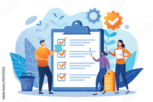 Business checklist concept vector illustration featuring a diverse team organizing tasks and priorities for efficient project management