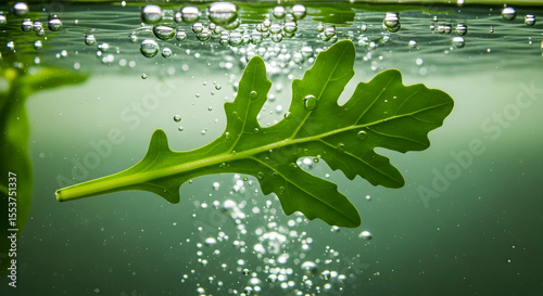 Fresh Arugula Leaf Floating In Clear Water With Bubbles For Health Concept