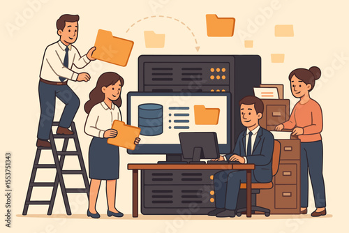 Business team organizing digital files, managing database and document archive, office workers collaborating on computer server, data storage, teamwork, corporate information management concept