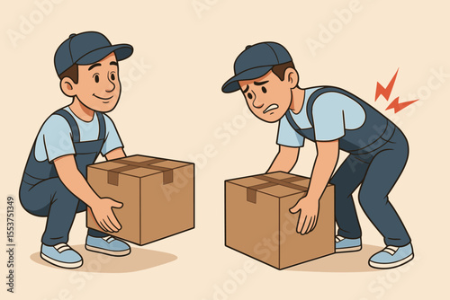 Proper vs Improper Lifting Techniques for Heavy Boxes. Cartoon Workers Demonstrating Safe Manual Handling, Back Injury Prevention, Ergonomics, Occupational Safety, Workplace Health Vector Illustration