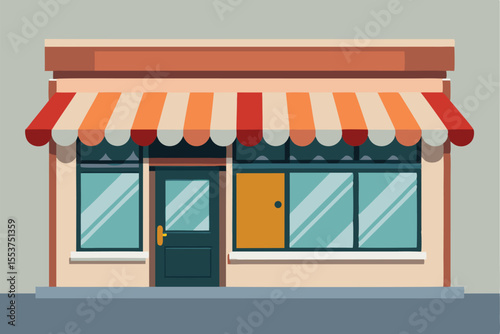 Modern geometric storefront with a vibrant striped awning showcasing an inviting commercial space for retail businesses or cafes