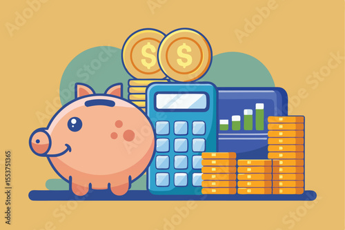 Modern piggy bank next to stack of coins and calculator showcasing savings and financial planning in a minimalist setting
