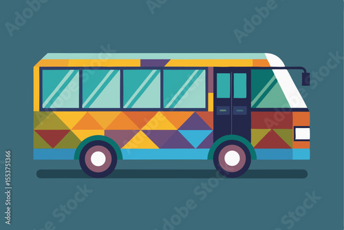 Geometric vector illustration of a colorful bus featuring distinct window shapes and a modern design, highlighting public transportation in an urban setting