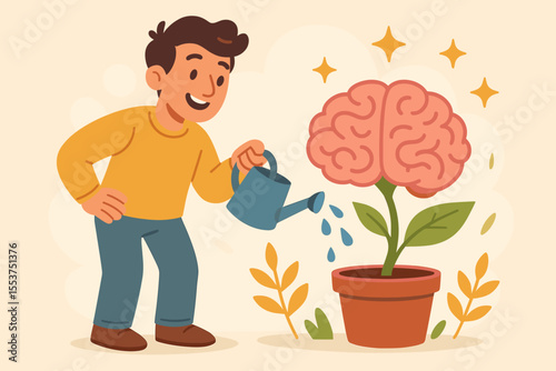 Growth mindset concept. Man watering brain plant in pot. Nurturing personal development, positive thinking, self improvement, education, mental health, motivation. Vector cartoon illustration