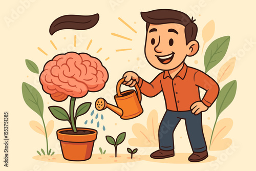 Growth mindset concept illustration. Man watering brain plant in pot. Nurturing personal development, positive thinking, mental health, self improvement, knowledge, education. Vector cartoon