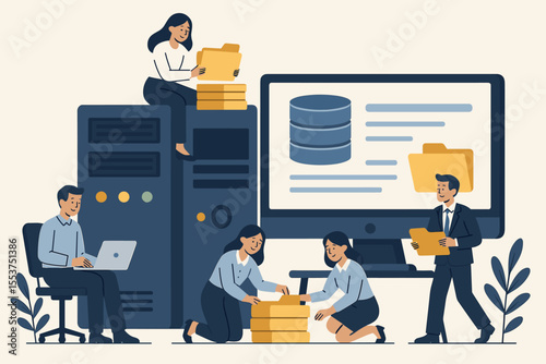 Office Team Managing Database Storage and File Archive on Computer Server, Data Management Collaboration, Digital Document Organization, IT Support, Business Network, Vector Illustration