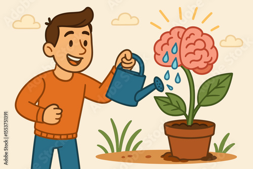 Growth mindset concept illustration. Man watering brain-shaped plant in pot. Nurturing personal development, positive thinking, self improvement, mental health, learning, education. Vector cartoon.