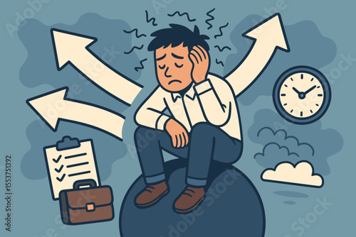 Business Decision Paralysis Concept. Stressed Office Worker Facing Multiple Choices. Work Anxiety, Overwhelmed Employee, Time Pressure, Task Management, Career Confusion, Vector Illustration