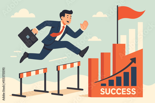 Businessman Leaping Over Hurdles Toward Success, Overcoming Obstacles, Achieving Goals, Growth, Career Progress, Ambition, Motivation, Vector Illustration, Professional Achievement Concept