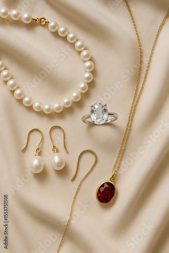 Exquisite pearl necklace, silver ring with clear gemstone, and gold pearl earrings with a red gemstone pendant on elegant fabric, symbolizing sophisticated jewelry