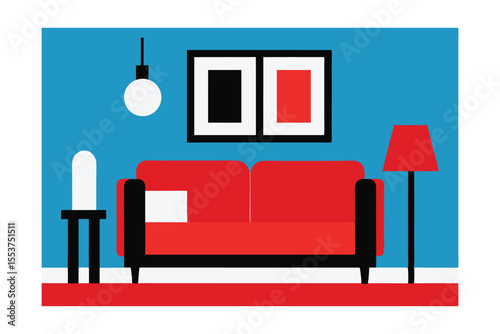 Modern Living Room Interior Illustration: A vibrant illustration depicts a modern living room. A striking red sofa takes center stage against a light blue wall, adorned with art and lighting fixtures.