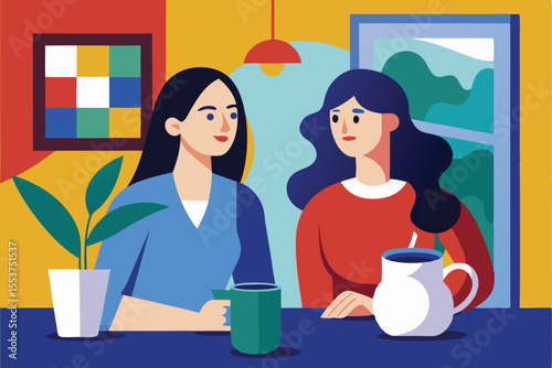 Two women enjoying a coffee conversation in a colorful cafe setting