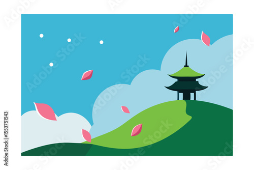 Zen Garden Serenity: A tranquil illustration captures the essence of a traditional oriental temple, nestled on a gentle hill beneath a serene sky.