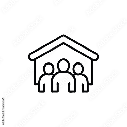 Line drawing of three people under a house shaped roof on a background Charity home