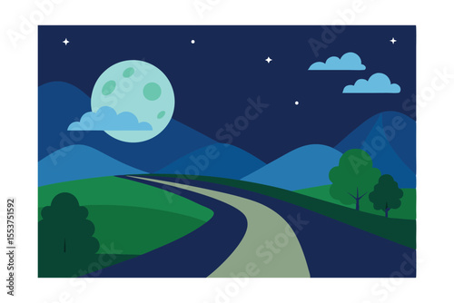 Moonlit Road: A serene night scene unfolds, with a winding road leading towards a full moon, under a canopy of stars and clouds. The landscape is painted with soft hues.