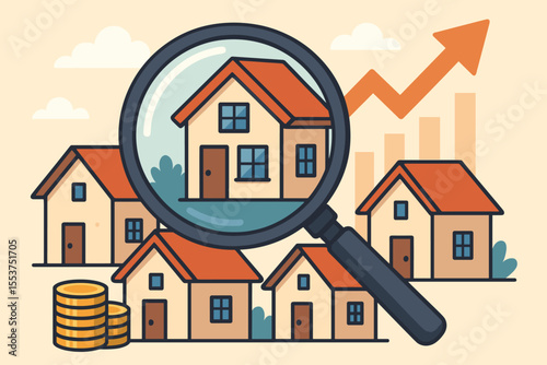 Real estate investment analysis concept with magnifying glass examining houses, property market search, home buying, housing prices, financial growth, cartoon vector illustration for realtors