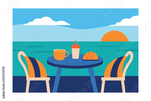 Seaside Breakfast: An idyllic illustration of a breakfast setting by the serene ocean, featuring a table adorned with a cup of coffee, a refreshing drink, and a fresh croissant.