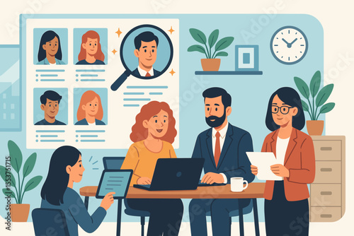 Human resources team recruiting top talent, HR professionals reviewing resumes, candidate selection process, job interview, hiring management, applicant evaluation, office workplace concept