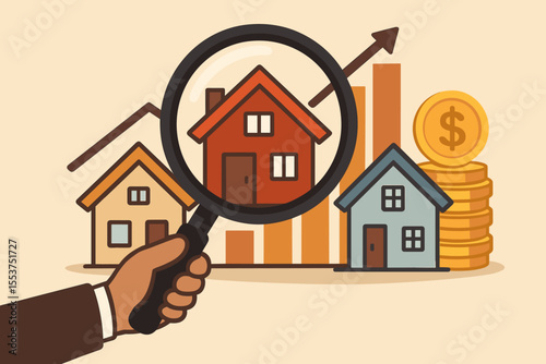 Real estate investment analysis concept. Magnifying glass examining houses, property market trends, house value, financial growth, home search, realty, investment strategy, cartoon vector illustration