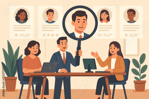 Recruitment agency team evaluating job candidates, HR professionals discussing resumes, talent acquisition, employee selection, human resources interview process, office workplace vector illustration