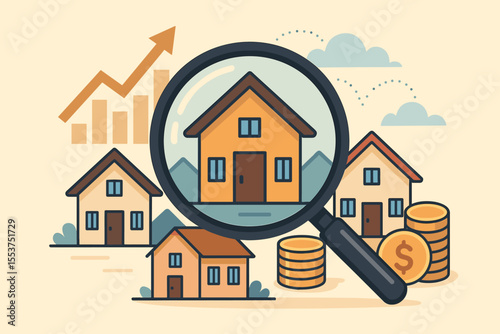 Real estate investment analysis concept. Magnifying glass searching houses, property market growth, financial investment, home buying, realty trends, coins, cartoon vector illustration.