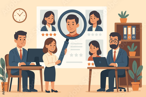 Recruitment process concept, HR manager reviewing resumes, candidate selection, job interview, talent search, hiring agency team, evaluating applicants, office workplace, vector illustration