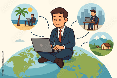 Remote work business travel concept. Businessman working on laptop from anywhere. Flexible workplace. Digital nomad. Telecommuting. Freelance. Home office. City, beach, mountains, global locations