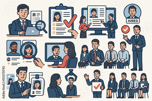 Human Resources Recruitment and Hiring Process Vector Set. Job Interview, Candidate Selection, Resume Review, HR Management, Employment Search, Business Teamwork, Office Staff Illustration