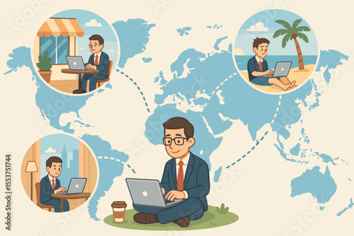 Global remote work concept. Businessman working on laptop in multiple locations. Digital nomad lifestyle. Telecommuting, coworking, freelance, travel, beach, cafe, office, world map illustration.