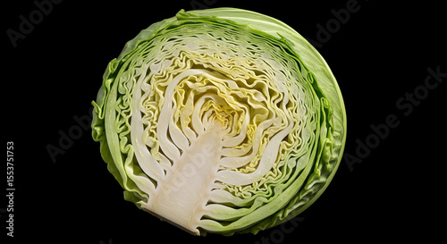 Sectional Fresh Cabbage Illustrating Inner Texture And Deliciousness Isolated on Black