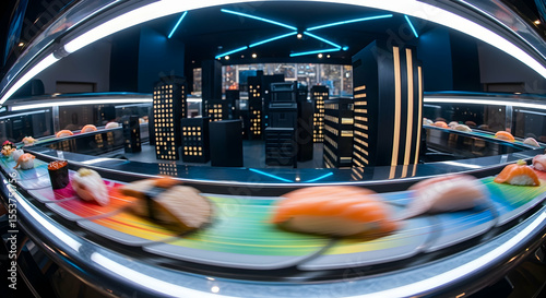 Vibrant Sushi Conveyor Belt With Cityscape Backdrop in Modern Restaurant
