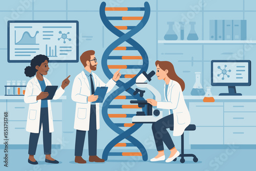 Scientists Analyzing DNA Structure in Modern Genetics Laboratory. Researchers in Lab Coats Using Microscope, Discussing Molecular Biology, Genetic Engineering, Biotechnology Research Concept Vector