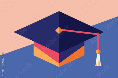 Minimalist graduation cap design with geometric tassel on colorful background showcasing education and achievement themes