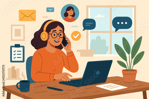 Remote work woman home office productivity. Female freelancer multitasking at desk with laptop, headphones, phone call, online communication, checklist, coffee, plant. Modern workspace vector