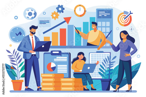 Business development team collaborating on successful strategies and growth metrics in a modern office environment