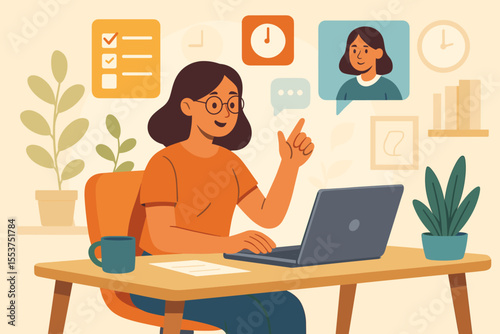 Woman working remotely at home office desk with laptop, managing tasks, video conferencing, online communication, productivity, time management, cozy workspace, vector illustration