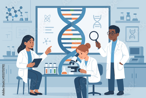Diverse scientists in laboratory researching DNA double helix, genetic testing, molecular biology, genome analysis, biotechnology, teamwork, microscope, test tubes, vector illustration