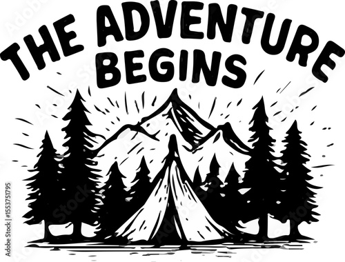 Inspirational black-and-white mountain scene with flowing script and hand-drawn scenery
