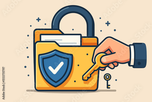 Cyber Security Access Concept. Hand Unlocking Secure Digital File Folder with Key. Data Protection, Privacy, Safe Storage, Confidential Information, Shield Checkmark. Vector Cartoon Illustration