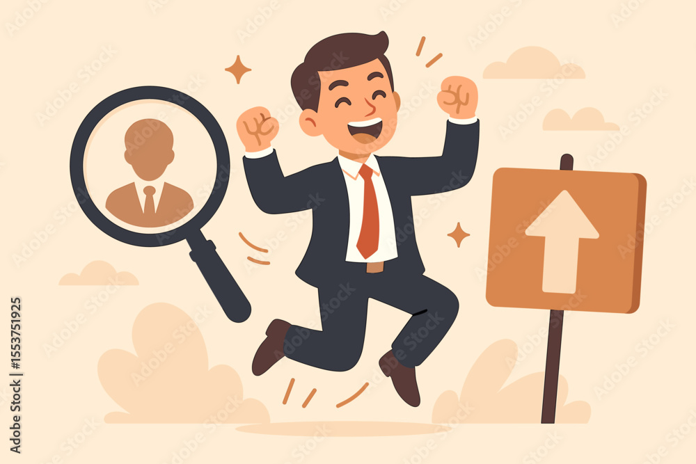 Obraz premium Businessman Celebrates Job Success Career Growth Opportunity, Recruitment, Talent Search, Happy Employee Achievement, Magnifying Glass, Upward Arrow, Professional Success Concept Vector