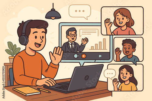 Online Education Webinar Training, Students Learning Remotely, Virtual Classroom Interaction, Distance Learning, E-Learning, Video Conference, Remote Study, Cartoon Vector Illustration