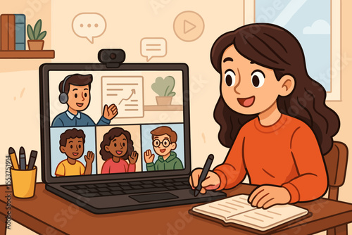 Diverse students engaging in virtual classroom learning, interactive online education, remote webinar training, distance e-learning, digital study, cartoon vector illustration, home schooling