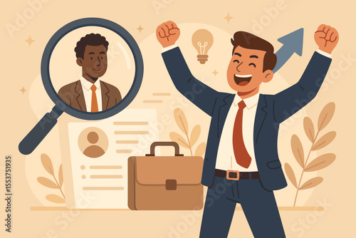 Businessman Celebrating Job Success with Magnifying Glass, Resume, Briefcase. Recruitment, Talent Search, Career Opportunity, Human Resources, Hiring Process, Employment Achievement Concept Vector