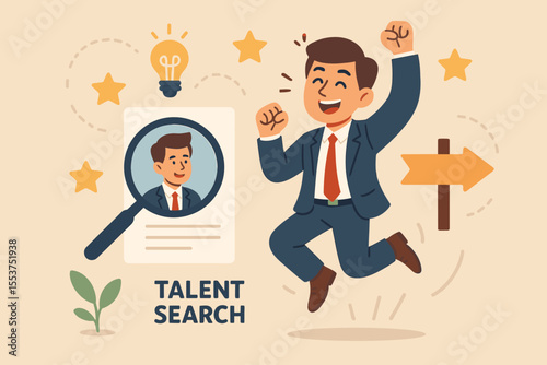 Talent search and recruitment concept with happy businessman jumping in suit, magnifying glass on resume, lightbulb idea, stars, career opportunity, leadership, business success, vector illustration
