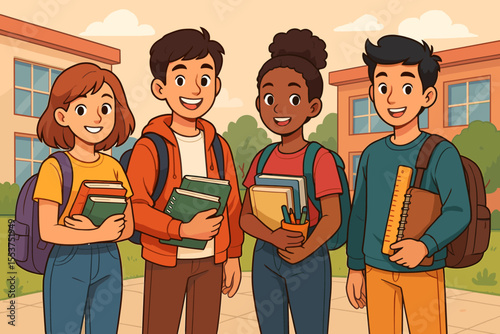 Diverse teenage students standing together outside school building, holding books, notebooks, and backpacks. Back to school, education, academic preparation, friendship, teamwork, learning supplies