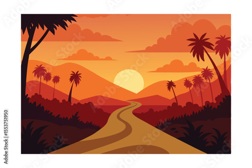 Golden Sunset Scene: Witness the awe-inspiring moment of a mesmerizing sunset over a winding road framed by silhouettes of trees and mountains. Witness the golden sunset over the trees.