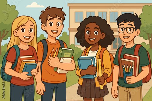 Diverse group of teenage students with backpacks, books, pencils, and school supplies standing outdoors in front of school building. Back to school education concept. Vector cartoon illustration.