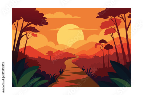 Sunset over the scenic landscapes: A stunning sunset casts warm hues across a picturesque landscape. The sun setting, silhouette trees, mountains and path.