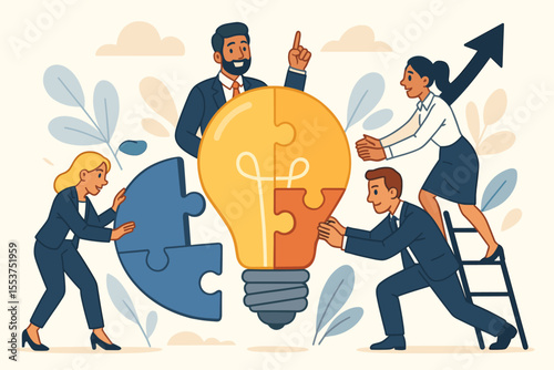 Business Teamwork Collaboration Concept. Diverse Businesspeople Solving Puzzle, Generating Ideas, Achieving Common Goals, Innovation Strategy, Lightbulb Metaphor, Success, Growth, Vector Illustration